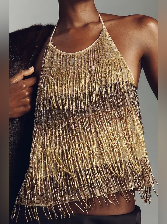 Anthropologie Tops - ANTHROPOLOGIE Fringe Beaded Halter Cami Size XS/S in Gold